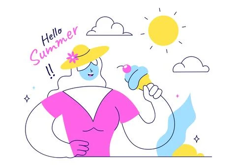 Hello Summer Vector Illustration Featuring the Sea, Beach, Sky, and Tropica.. イラスト素材
