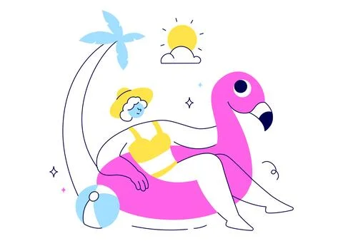Hello Summer Vector Illustration Featuring the Sea, Beach, Sky, and Tropica.. Stock Illustration