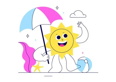 Hello Summer Vector Illustration Featuring the Sea, Beach, Sky, and Tropica.. イラスト素材