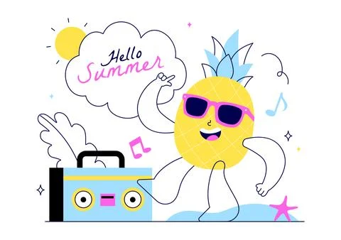 Hello Summer Vector Illustration Featuring the Sea, Beach, Sky, and Tropica.. イラスト素材
