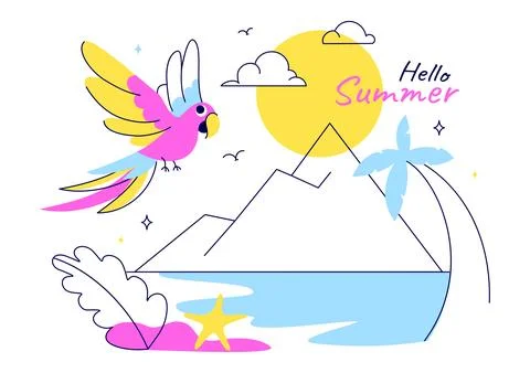 Hello Summer Vector Illustration Featuring the Sea, Beach, Sky, and Tropica.. イラスト素材