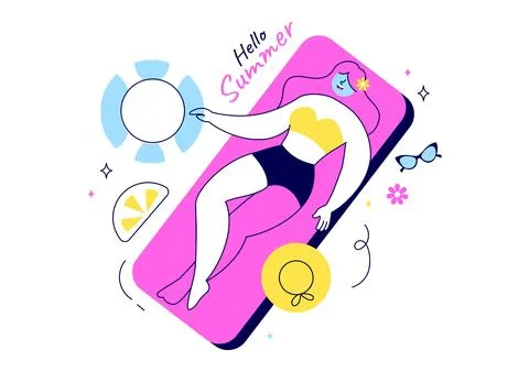 Hello Summer Vector Illustration Featuring the Sea, Beach, Sky, and Tropica.. イラスト素材