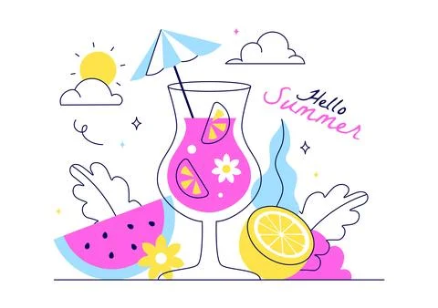 Hello Summer Vector Illustration Featuring the Sea, Beach, Sky, and Tropica.. イラスト素材