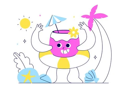 Hello Summer Vector Illustration Featuring the Sea, Beach, Sky, and Tropica.. イラスト素材