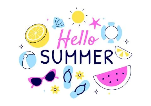 Hello Summer Vector Illustration Featuring the Sea, Beach, Sky, and Tropica.. イラスト素材