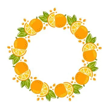 Hello Summer Vector illustration, round frame showing juicy orange fruits a.. Stock Illustration