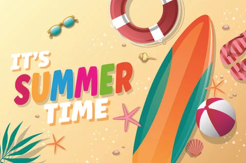 Hello Summer vector illustration with tropical beach and blue sky background Stock Illustration