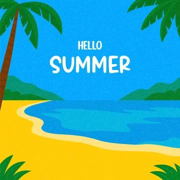 Hello Summer Vector Illustration. Tropical Beach Background with Palm Trees Illustrazione stock