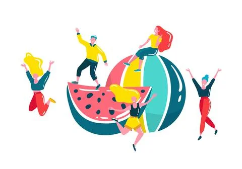 Hello summer vector illustration with watermelons and lettering. Happy people on Stock-Illustration