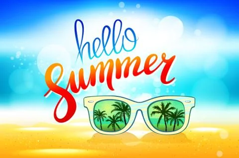 Hello summer Vector poster with sunglasses palm Stock Illustration