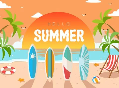Hello Summer vibe vector illustration. Sunset on the beach with surfboards Stock Illustration