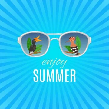Hello summer vintage vector background with sunglasses with tropical birds Stock Illustration