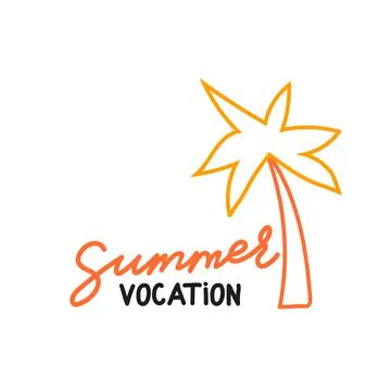 Hello Summer vocation vector handwritten lettering quote. Flat palm tree. Orange Stock Illustration