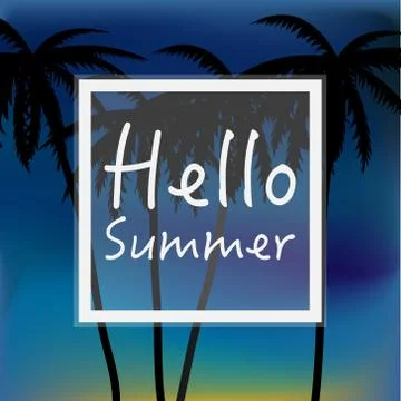 Hello Summer wallpaper with palm trees and sunset. Stock Illustration
