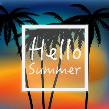 Hello Summer wallpaper with palm trees and sunset. Illustrazione stock