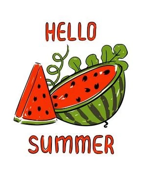 Hello summer watermelon fruit slice fresh tropical juicy illustration Stock Illustration