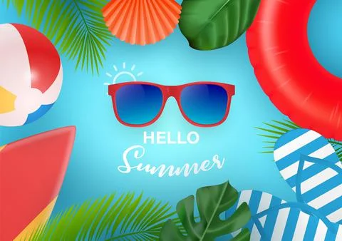 Hello Summer web banner. Top view on summer composition with realistic objects Stock Illustration