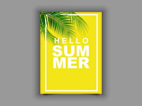Hello summer. Yellow background with palm branch. Illustrazione stock