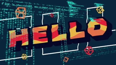 HELLO text in animation with geometric shapes over computer code backdrop Stock Footage 305059542