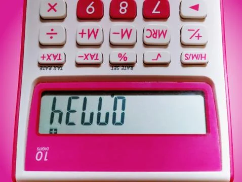 Hello Text on LCD Display of Pink 10-Digit Calculator Viewing Up Side Down Stock Photos
