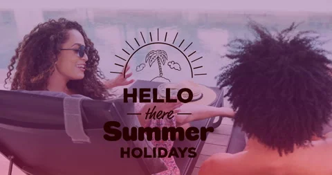 Hello there Summer Holidays text animation over people relaxing by pool Stock Footage 304672691