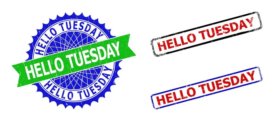HELLO TUESDAY Rosette and Rectangle Bicolor Badges with Corroded Surfaces Stock Illustration