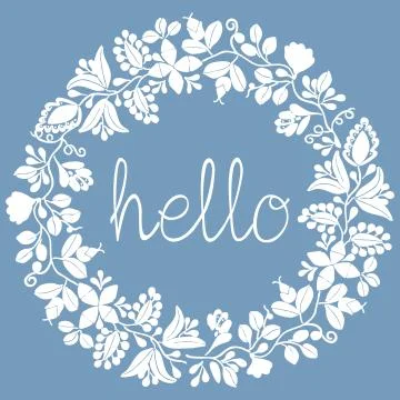 Hello vector laurel wreath white frame on blue background Stock Illustration
