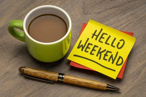 Hello weekend sticky note with coffee Stock Photos
