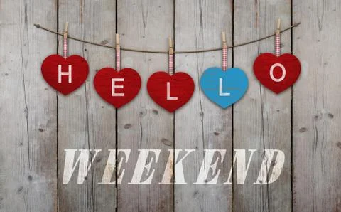 Hello weekend written on hanging red and blue wooden  hearts Stock Photos