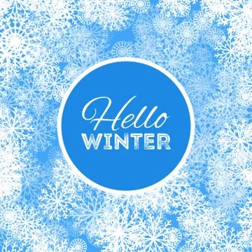 Hello winter abstract background design with snowflakes and snow Stock Illustration