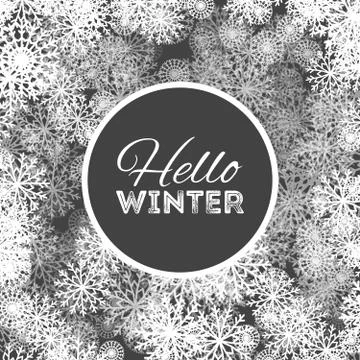 Hello winter abstract background design with snowflakes and snow Stockillustratie