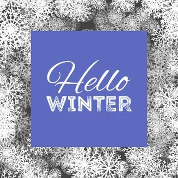 Hello winter abstract background design with snowflakes and snow Stock Illustration