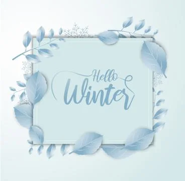 Hello Winter  banner background with paper art and craft style. Calligraphy.Vect Stock Illustration