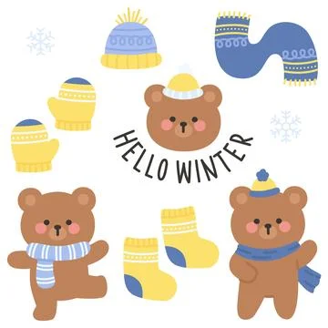 Hello Winter Bear Sticker Sheet with Knitted Hats and Scarves Stock Illustration
