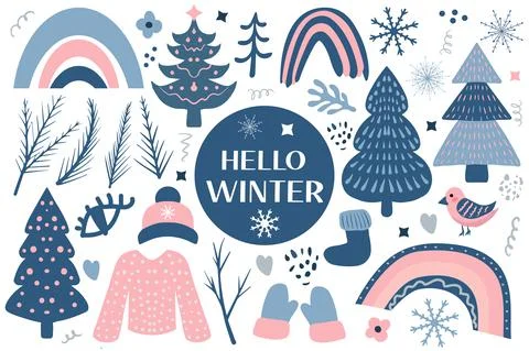 Hello Winter Boho set elements. Bohemian winter season collection clip art hand Illustrazione stock