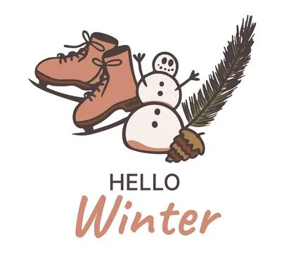 Hello winter card. Ice skates and snowman with pine branch lettering poster Stock Illustration