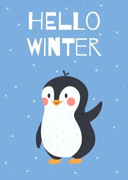 Hello winter card or poster layout with penguin, flat vector illustration. Stock Illustration
