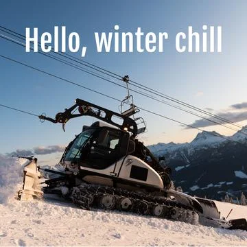 Hello, winter chill text over snowplough on christmas winter mountainside Foto stock
