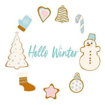 Hello winter. Circle of gingerbread cookies. Vector illustration isolated on Stock Illustration