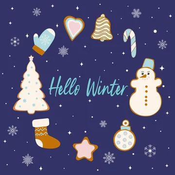 Hello winter. Circle of gingerbread cookies. Vector illustration isolated on Stock Illustration