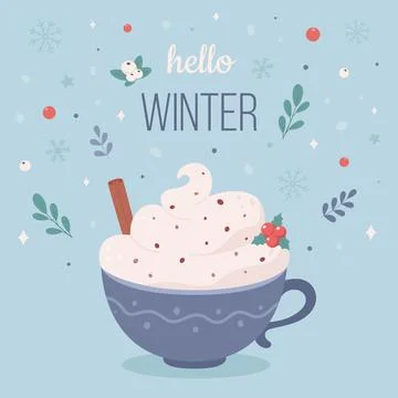 Hello winter concept. Coffee cup with cream and cinnamon. Christmas hot drink Иллюстрация