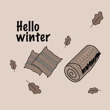 Hello winter. cozy postcard plaid pillows leaves Stock Illustration