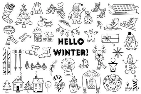 Hello winter doodle set. 스톡 일러스트