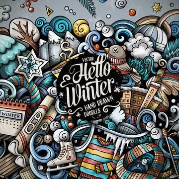 Hello Winter Doodle Winter Frame Stock Illustration