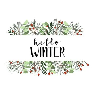 Hello winter. Frame with spruce, berries and eucalyptus. Winter illustration  Stock Illustration