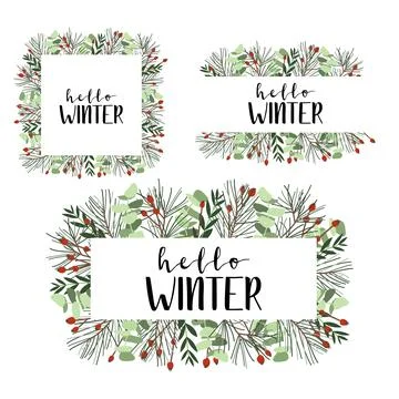Hello winter. Frame with spruce, berries and eucalyptus. Winter illustration  Stock Illustration
