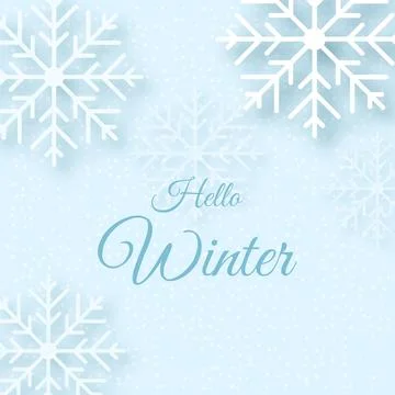 Hello Winter Greeting Card Elegant Light Blue Background with 3D Snowflakes.. Stock Illustration