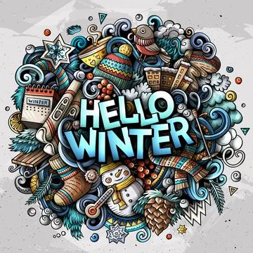 Hello Winter hand drawn doodles colorful vector illustration. Stock Illustration
