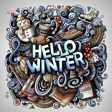 Hello Winter hand drawn doodles colorful vector illustration. Stock Illustration