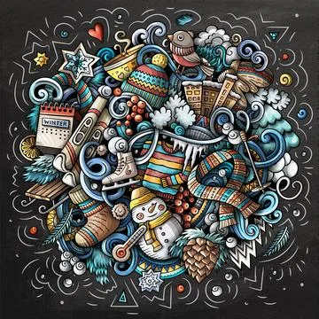 Hello Winter hand drawn doodles colorful vector illustration. 스톡 일러스트